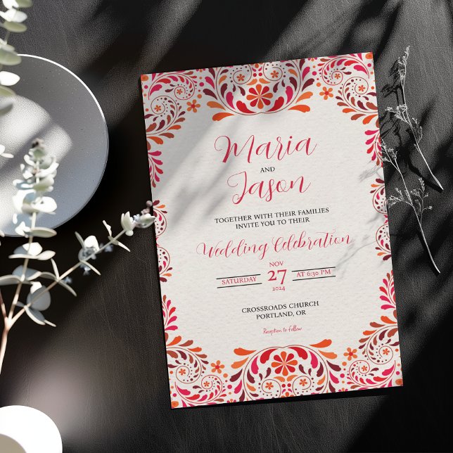 Convites Casamento Botânico Floral Romântico Rosa Vermelho  (Mexican Red Pink Floral Botanical Romantic Wedding Invitation)