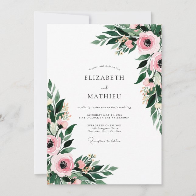 Convites Casamento Botânico Floral Rosa (Frente)