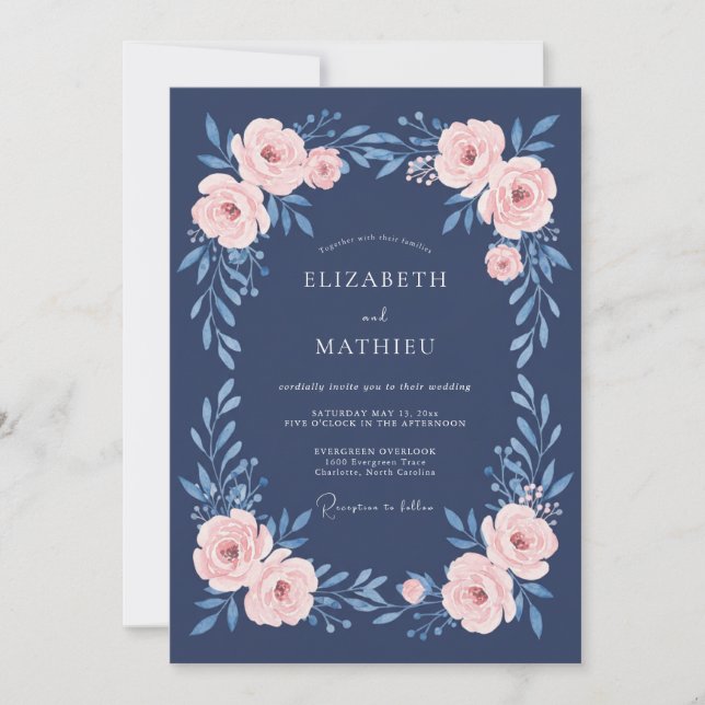 Convites Casamento Botânico Floral Rosa Azul-Marinho (Frente)
