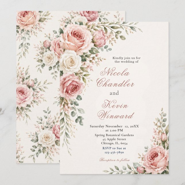 Convites Casamento Botânico Floral Rosa Bege (Frente/Verso)