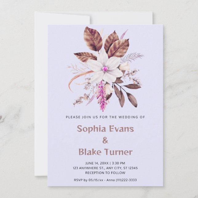 Convites Casamento Botânico Floral Rosa e Marrom Lavanda (Frente)