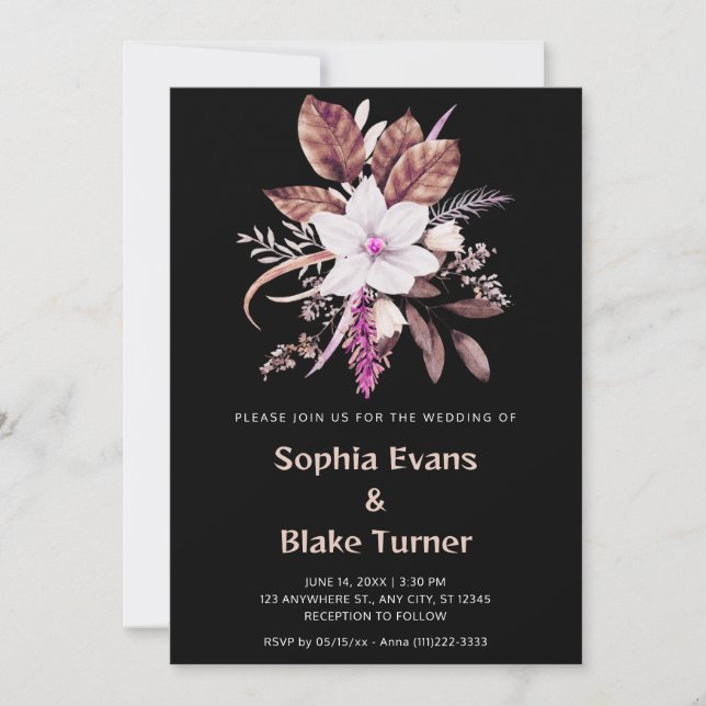 Convites Casamento Botânico Floral Rosa e Marrom Preto (Frente)