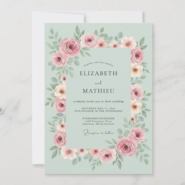 Convites Casamento Botânico Floral Rosa Empoeirado (Frente)