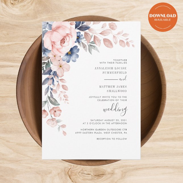 Convites Casamento Botânico Floral Rosa Moderno (Blush Pink Floral Watercolor Wedding Invitation)