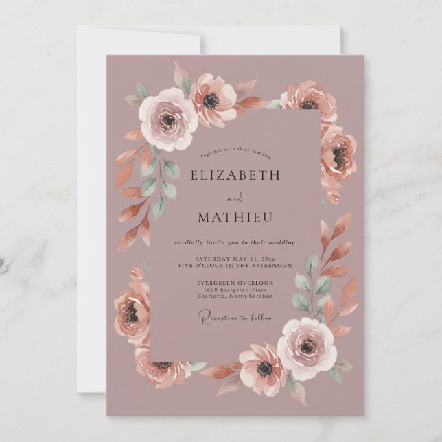 Convites Casamento Botânico Floral Rosa Romance (Frente)