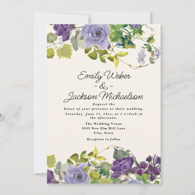 Convites Casamento Botânico Floral Roxo (Frente)