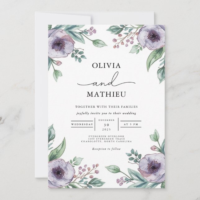 Convites Casamento Botânico Floral Roxo Moody (Frente)