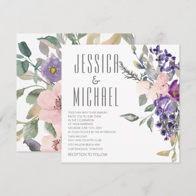 Convites Casamento Botânico Floral Roxo Rosa (Frente/Verso)