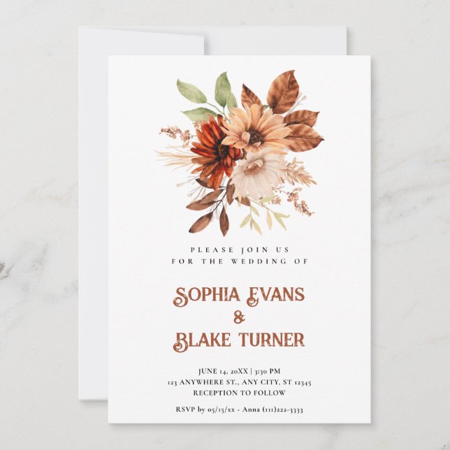 Convites Casamento Botânico Floral Rústico de Outono Branco (Frente)