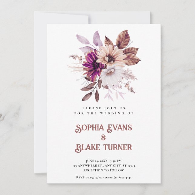 Convites Casamento Botânico Floral Rústico de Outono Branco (Frente)