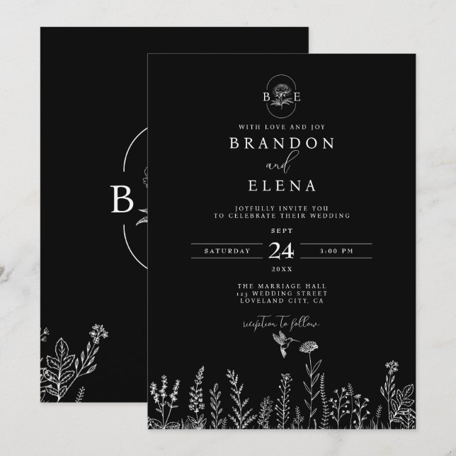Convites Casamento Botânico Floral Simples Elegante (Frente/Verso)