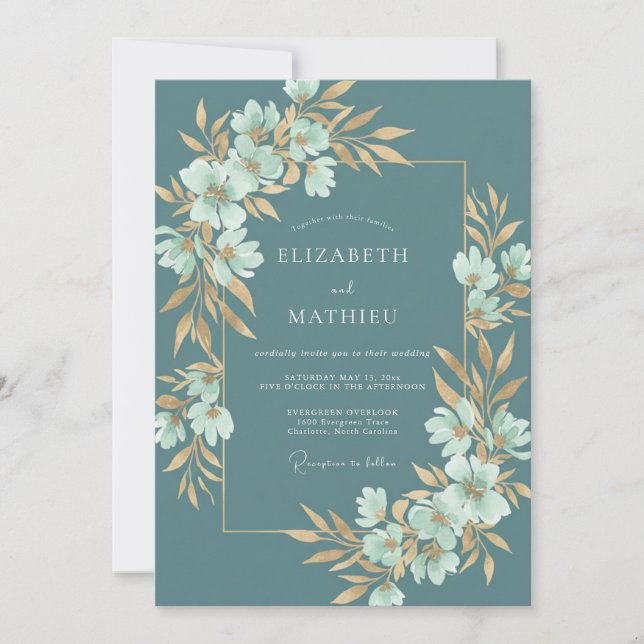 Convites Casamento Botânico Floral Turquesa (Frente)