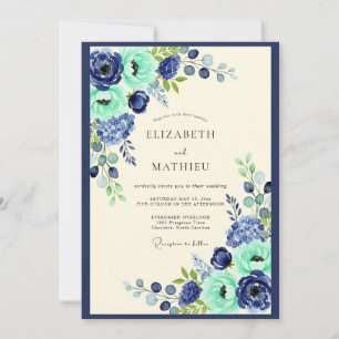 Convites Casamento Botânico Floral Verde Água Marinho