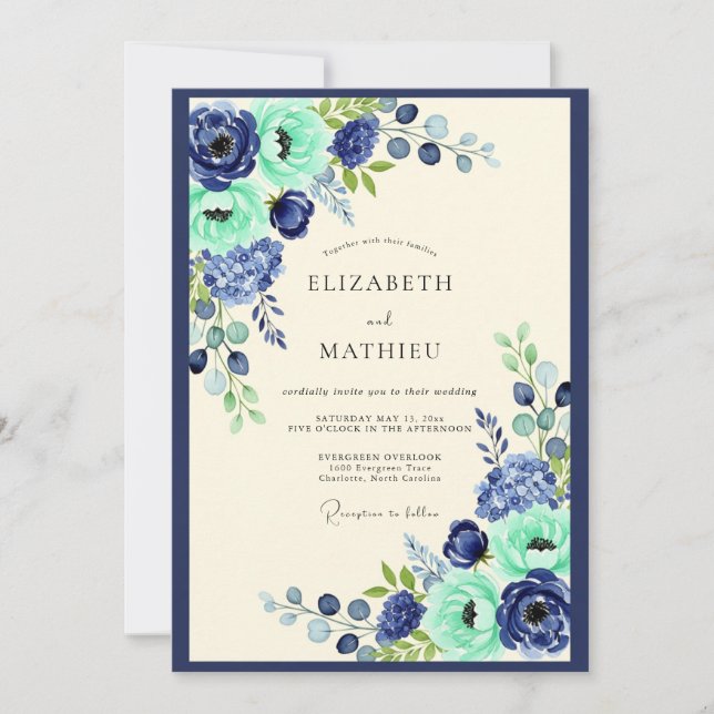 Convites Casamento Botânico Floral Verde Água Marinho (Frente)