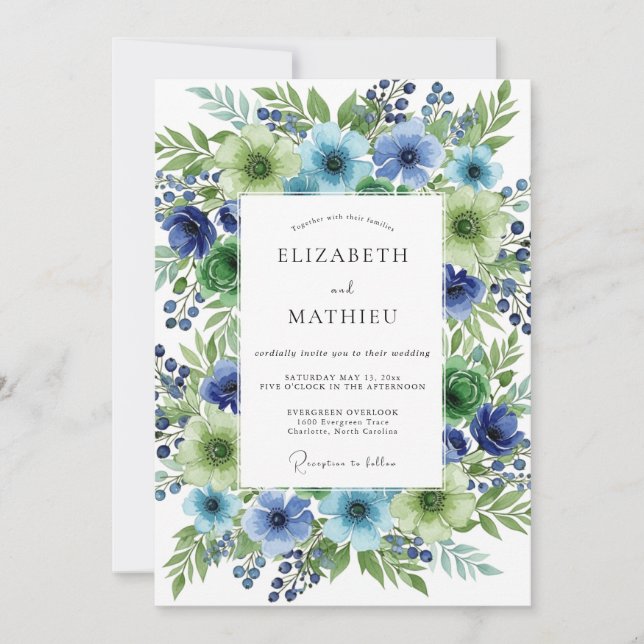 Convites Casamento Botânico Floral Verde Azul (Frente)