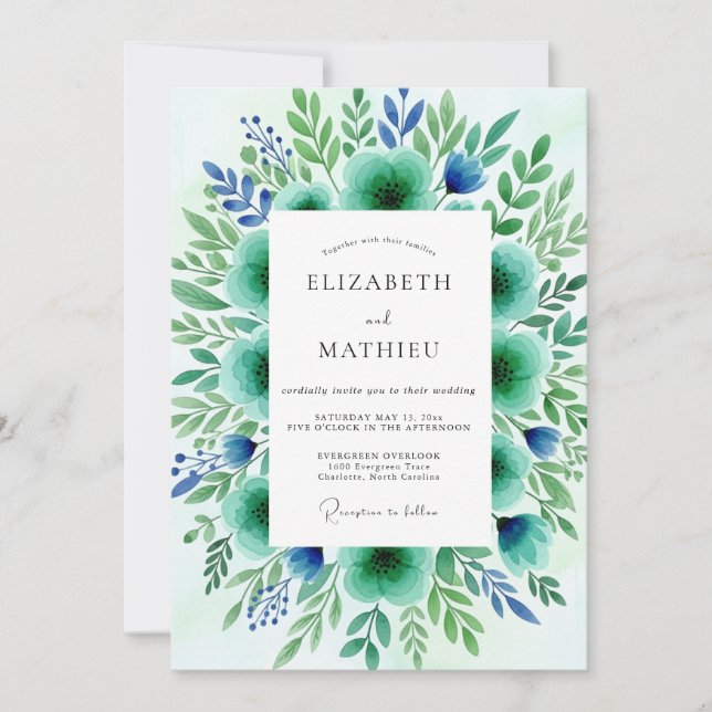 Convites Casamento Botânico Floral Verde-azulado (Frente)