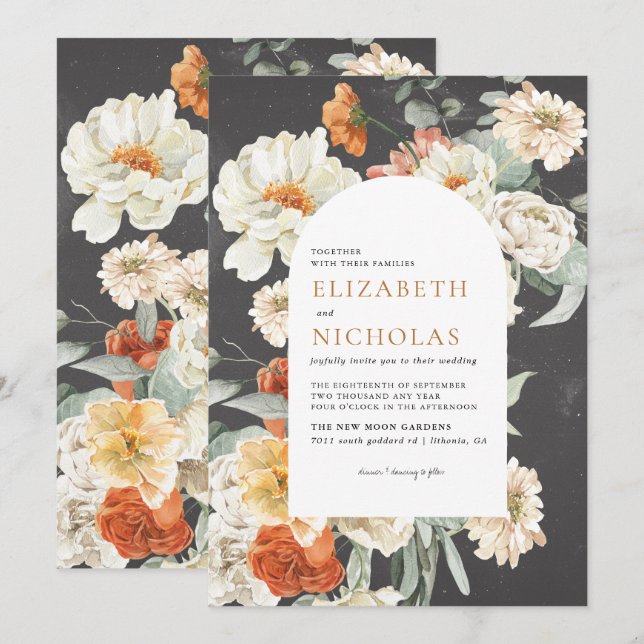 Convites Casamento Botânico Floral Verde Escuro Boho (Frente/Verso)