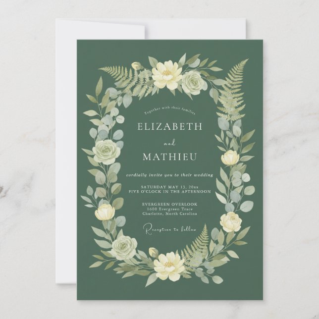 Convites Casamento Botânico Floral Verde Esmeralda (Frente)