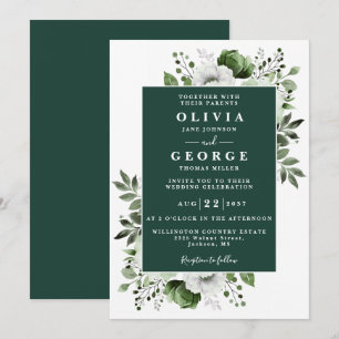 Convites Casamento Botânico Floral Verde Esmeralda Moderno