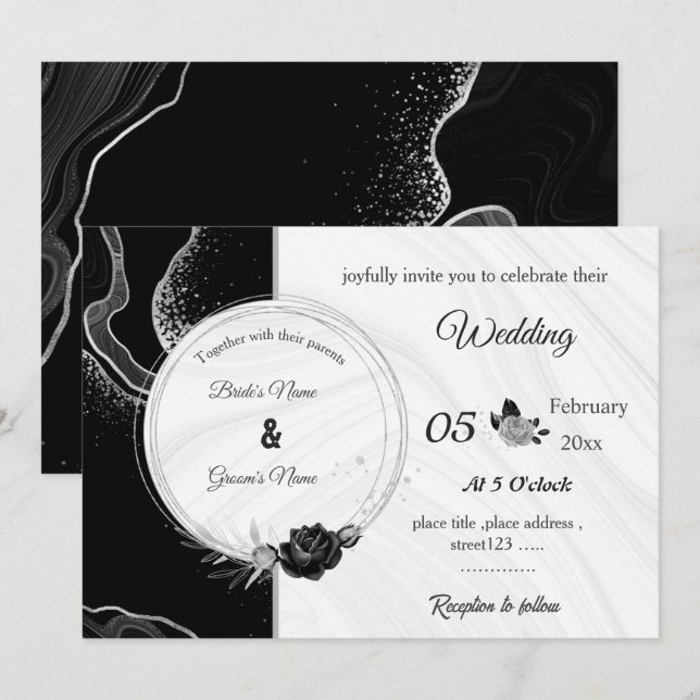 Convites casamento botânico flores cinza prata & preto (Frente/Verso)