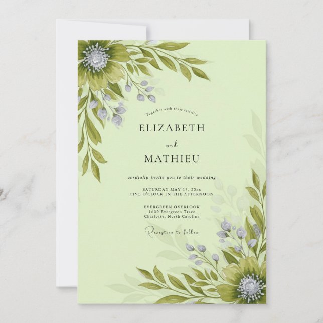 Convites Casamento Botânico Florescente em Verde Sage (Frente)