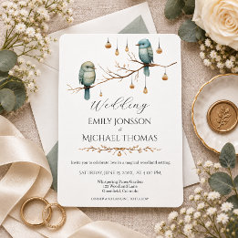 Convites Casamento Botânico Florestal de Aves Azuis Elegant