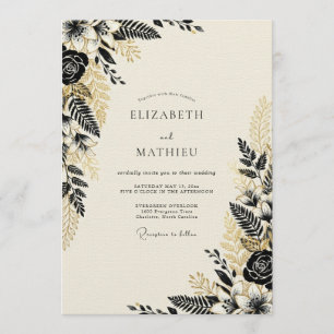 Convites Casamento Botânico Florestal Preto e Dourado