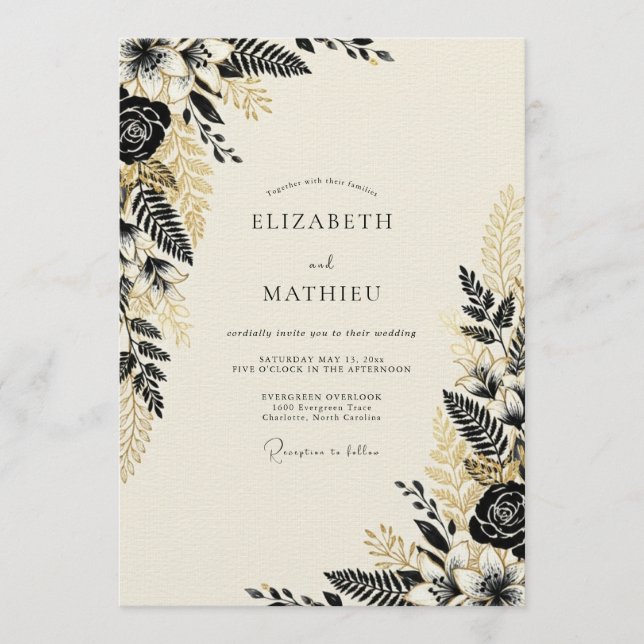 Convites Casamento Botânico Florestal Preto e Dourado (Frente)