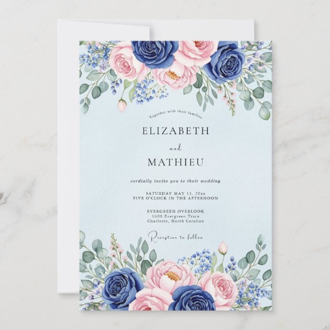 Convites Casamento Botânico Florido Azul Claro (Frente)