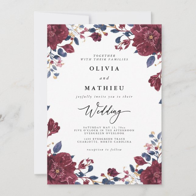 Convites Casamento Botânico Flush Burgundy e Marinho (Frente)