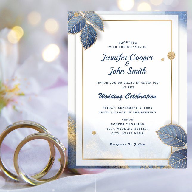 Convites Casamento Botânico Folhas de Ouro Azul Elegante (Criador carregado)