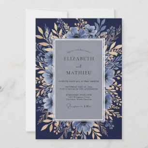 Convites Casamento Botânico Formal Azul Marinho