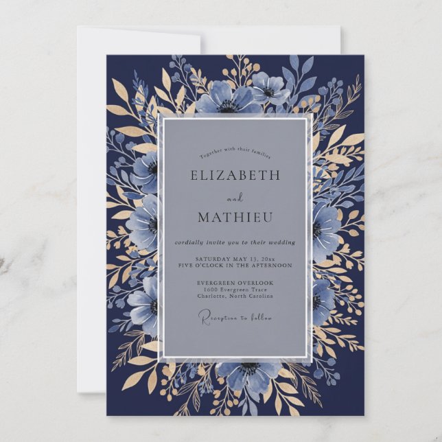 Convites Casamento Botânico Formal Azul Marinho (Frente)