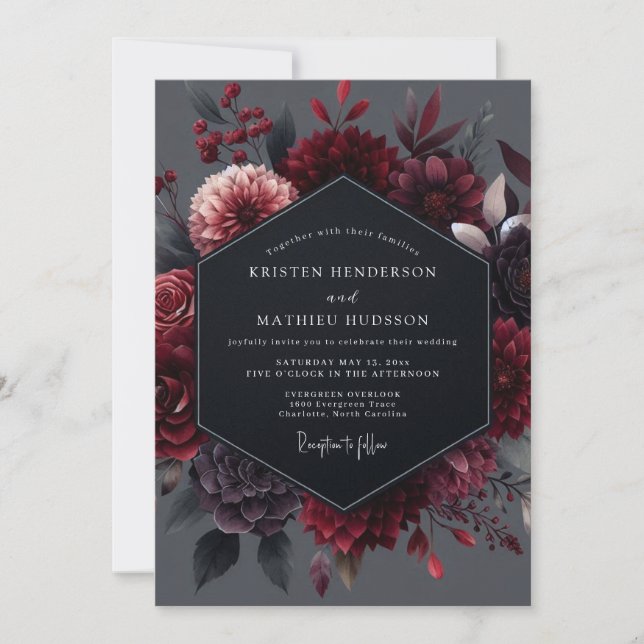 Convites Casamento Botânico Garnet Noir (Frente)