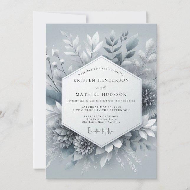 Convites Casamento Botânico Gelado Azul Ardesia (Frente)