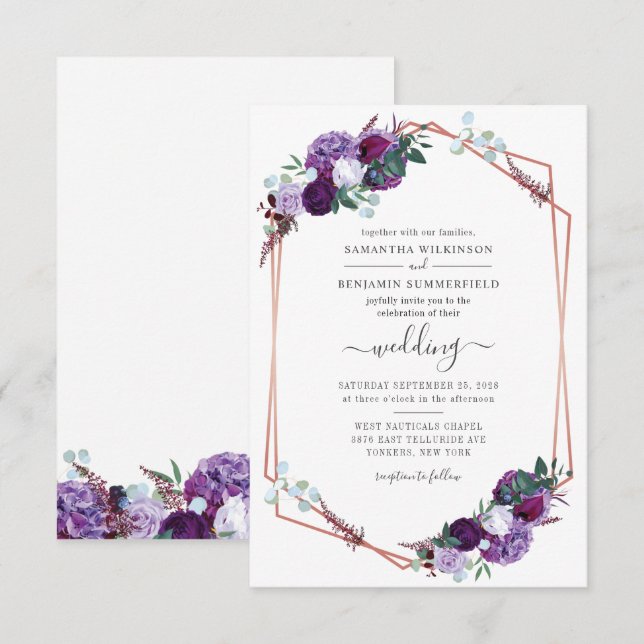 Convites Casamento Botânico Geométrico Moderno Roxo (Frente/Verso)