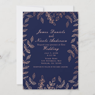Convites Casamento Botânico Glamouroso em Azul e Dourado Ro