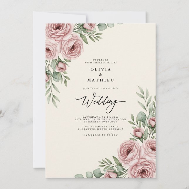 Convites Casamento Botânico Gracioso Rosa Corado (Frente)