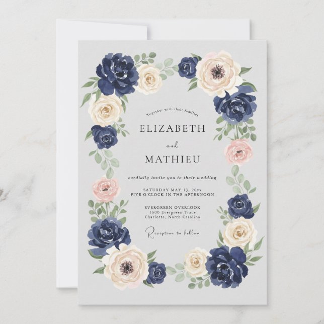 Convites Casamento Botânico Grandioso Azul Naval (Frente)