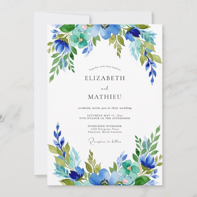 Convites Casamento Botânico Harmonioso Azul Turquesa (Frente)