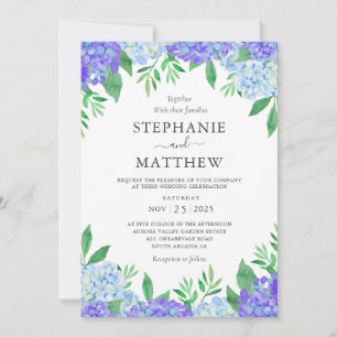 Convites Casamento Botânico Hydrangea Blue Purple Watercolo