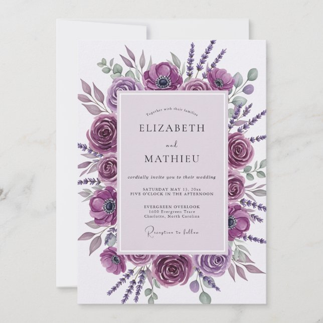 Convites Casamento Botânico Ilustre Roxo (Frente)