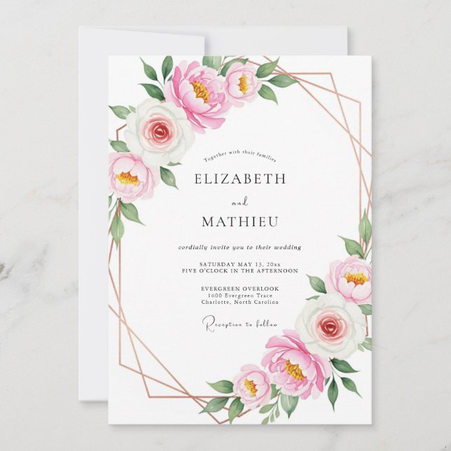 Convites Casamento Botânico Imaculado Rosa Bege (Frente)