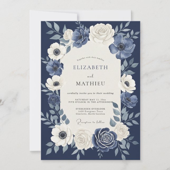 Convites Casamento Botânico Imperial Azul Naval (Frente)