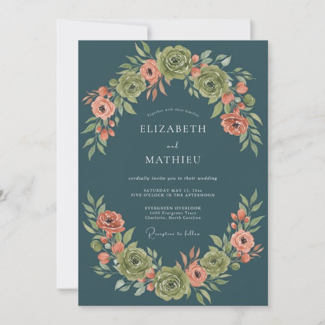 Convites Casamento Botânico Imperial Azul Pavão (Frente)