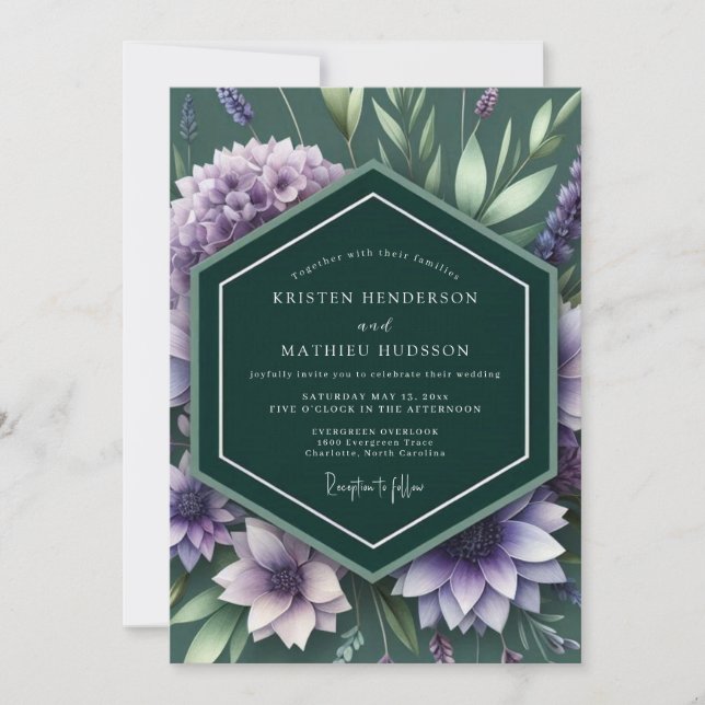 Convites Casamento Botânico Lilás Esmeralda (Frente)