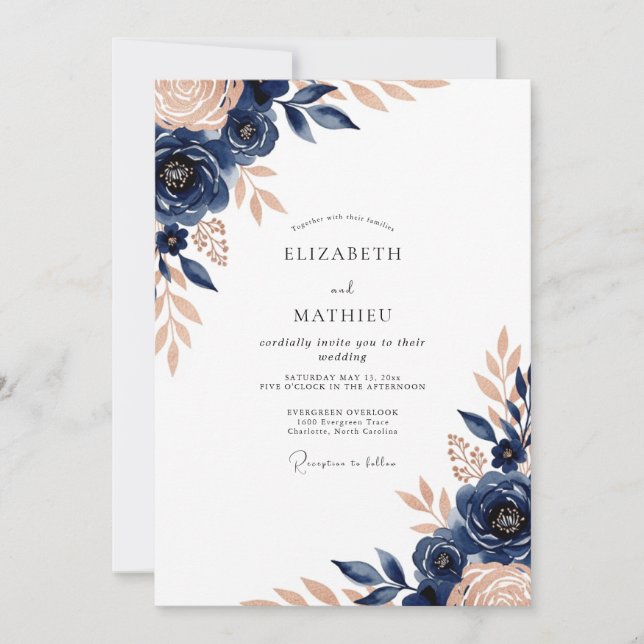 Convites Casamento Botânico Luxo Azul Naval (Frente)
