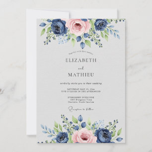 Convites Casamento Botânico Luxuoso Azul Marinho Rosa
