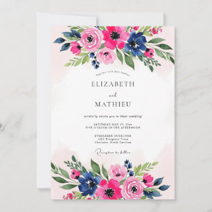 Convites Casamento Botânico Luxuoso Azul Marinho Rosa