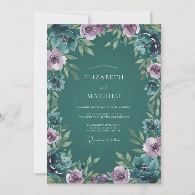 Convites Casamento Botânico Luxuoso em Azul Teal Profundo (Frente)